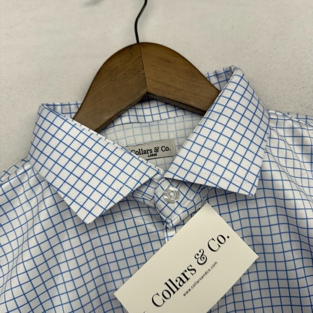 Collars Co Polo Shirt Mens Large Blue White Check Performance Dress Golf NEW